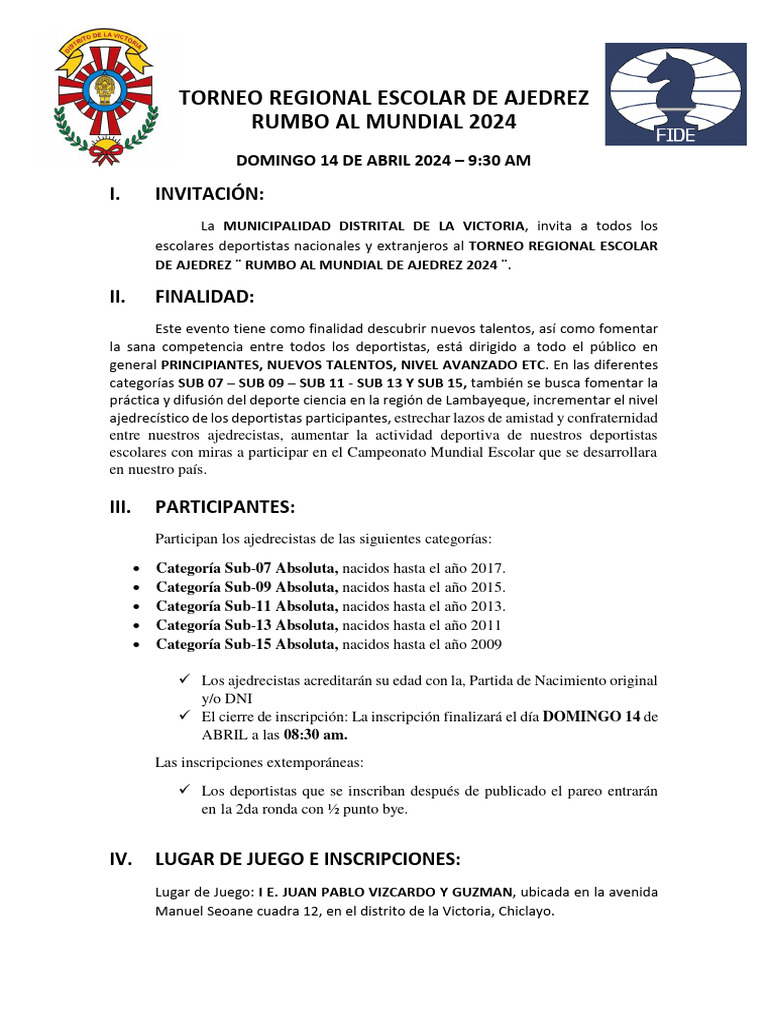 Torneo Escolar de Ajedrez 2024 en La Victoria | PDF | Árbitro | Deportes