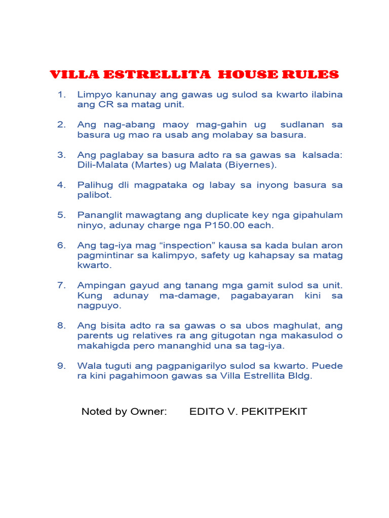 RESIDENTIAL UNIT HOUSE RULES PDF