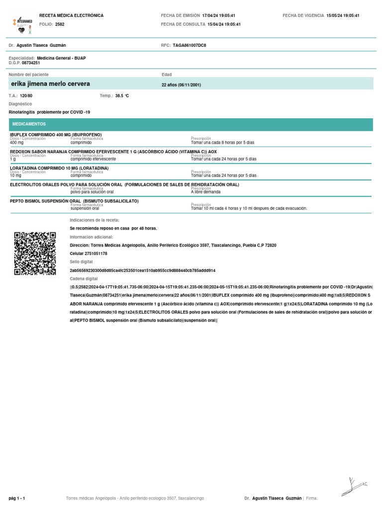 RecetaElectrónica Erika+jimena+merlo+cervera ATG 2582 | PDF | Tableta ...