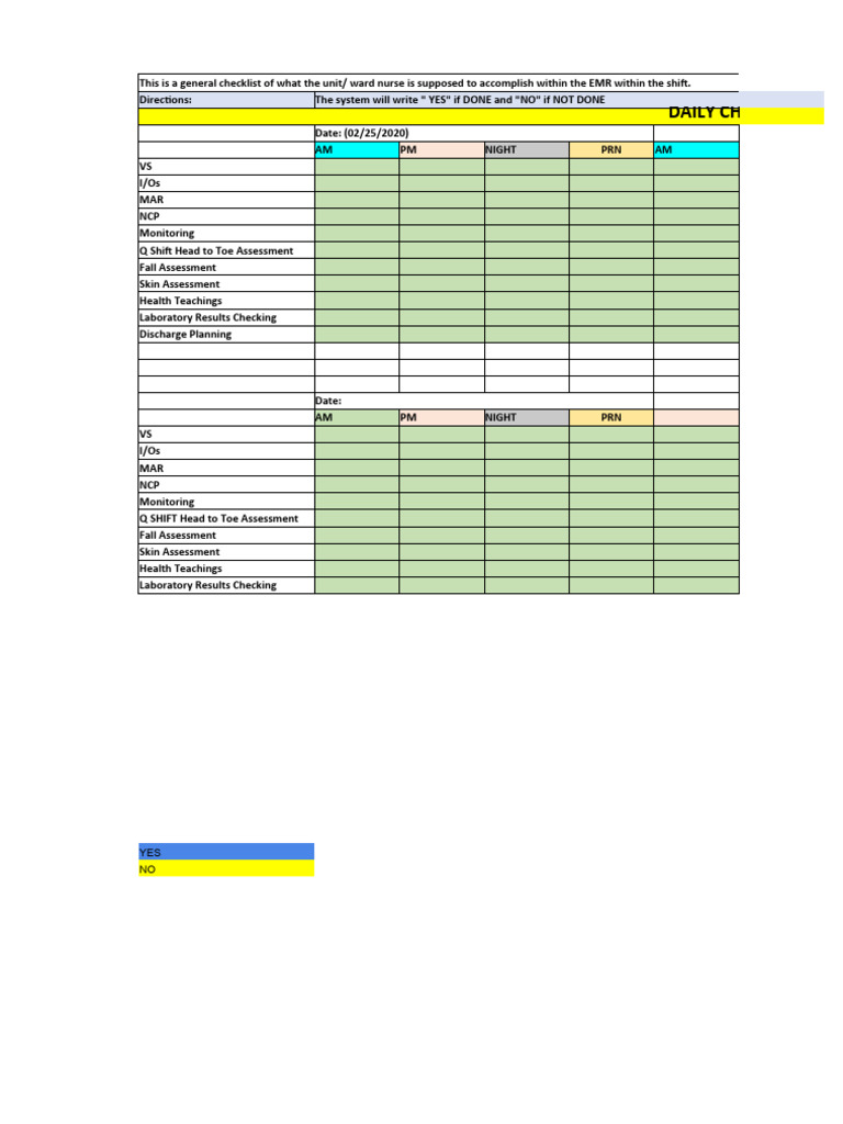 Daily Nursing EMR Checklist | PDF | Clinical Medicine | Medical Specialties
