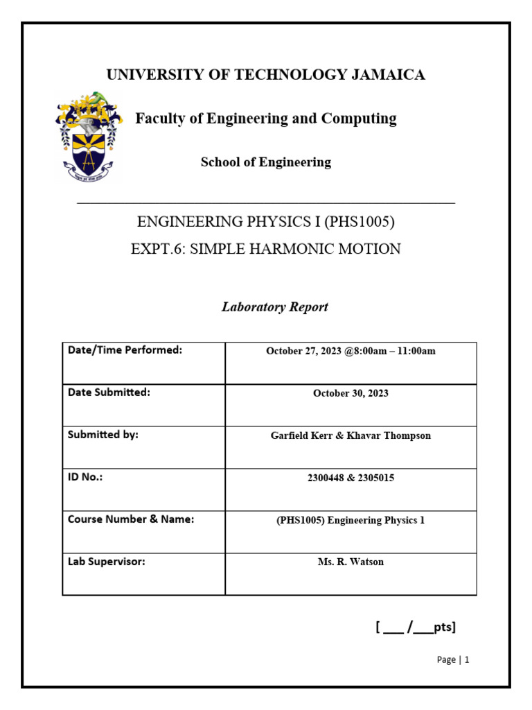 Physics Experiment 6 Simple Harmonic Motion Pdf Oscillation