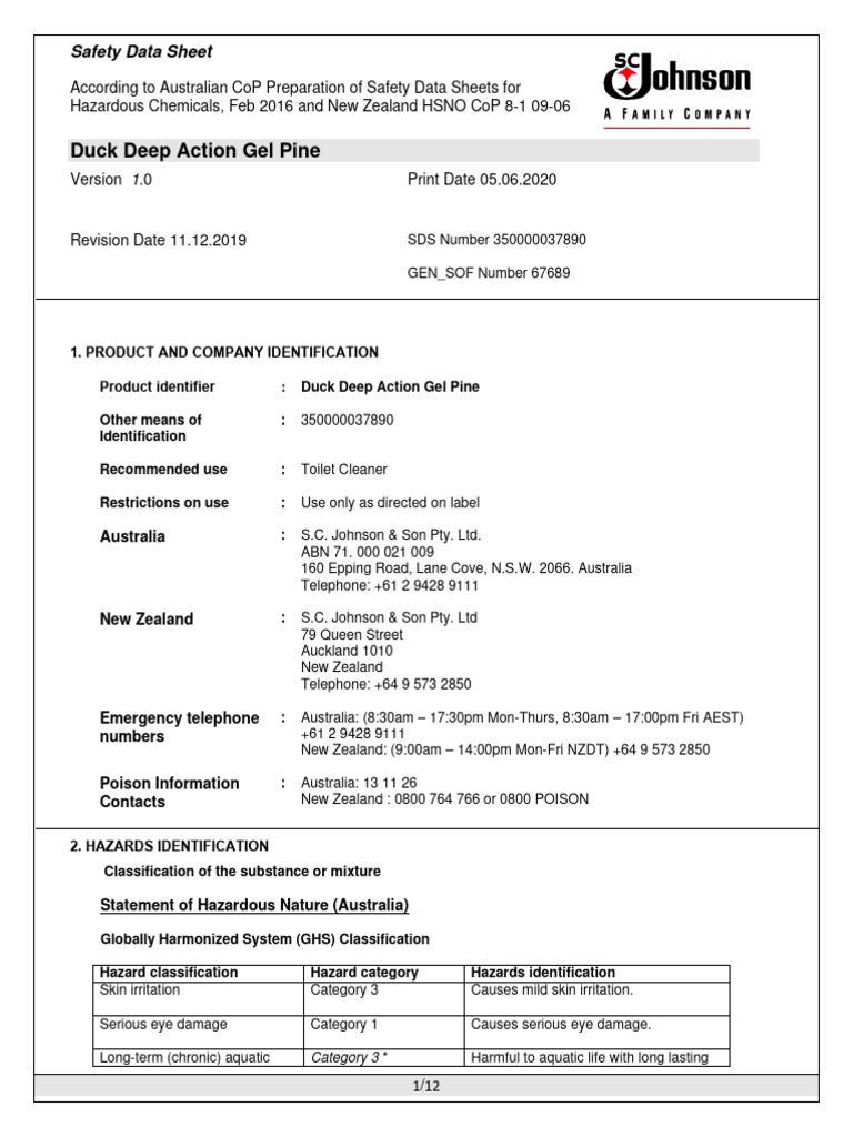 Toilet Duck MSDS PDF Dangerous Goods Toxicity