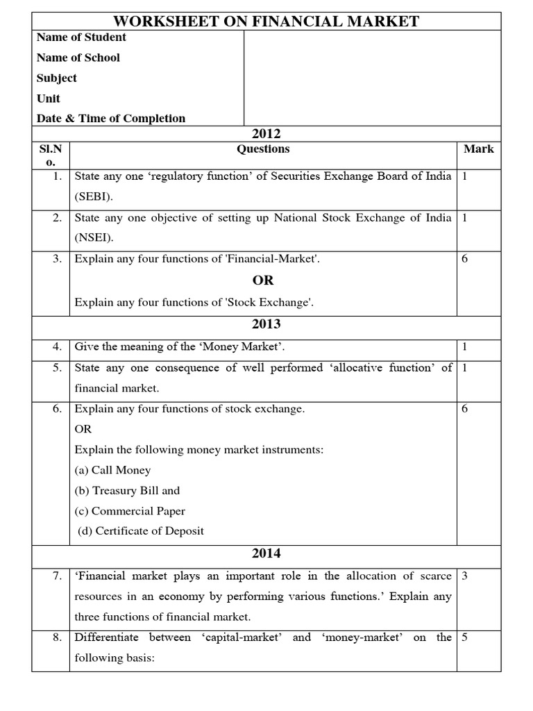 Financial Market Worksheet for Class 12 | PDF | Stocks | Money Market