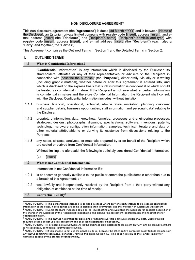 Estonian Non-Disclosure Agreement Template | PDF | Non Disclosure ...
