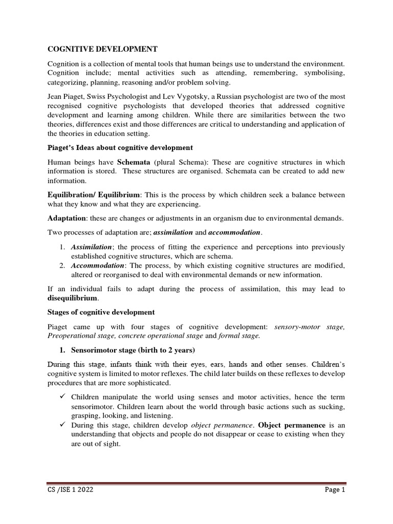 Cognitive Development Notes 2022 1 Pdf Schema Psychology