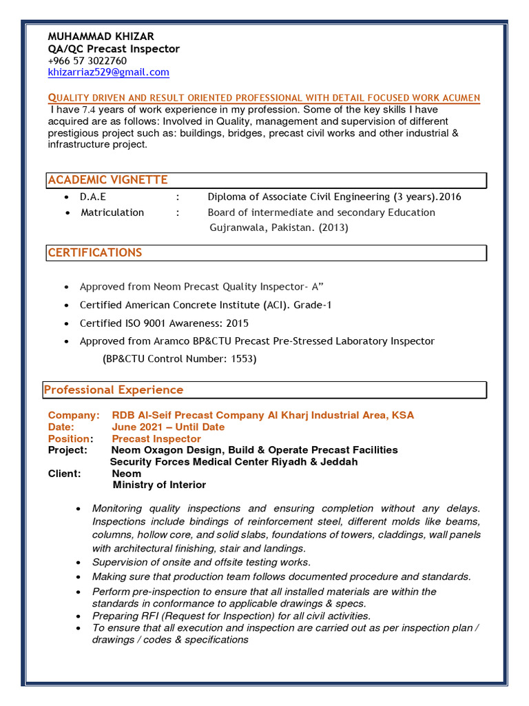 Muhammad Khizar - QA-QC Precast Inspector | PDF | Precast Concrete