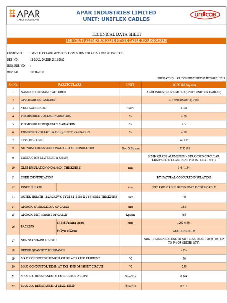 A2XY 185mm² XLPE Cable Specifications | PDF | Electrical Resistivity ...
