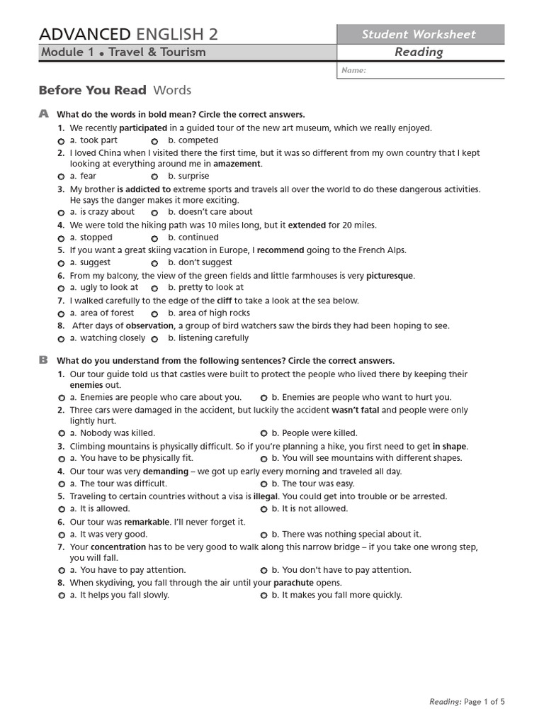 WS BEA M01 L01 Reading Travel | PDF | Parachuting | Tourism