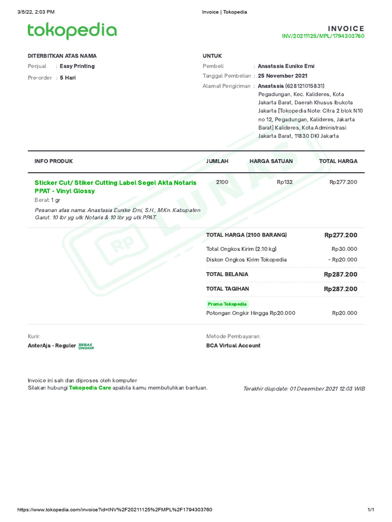 Invoice Pembelian di Tokopedia | PDF