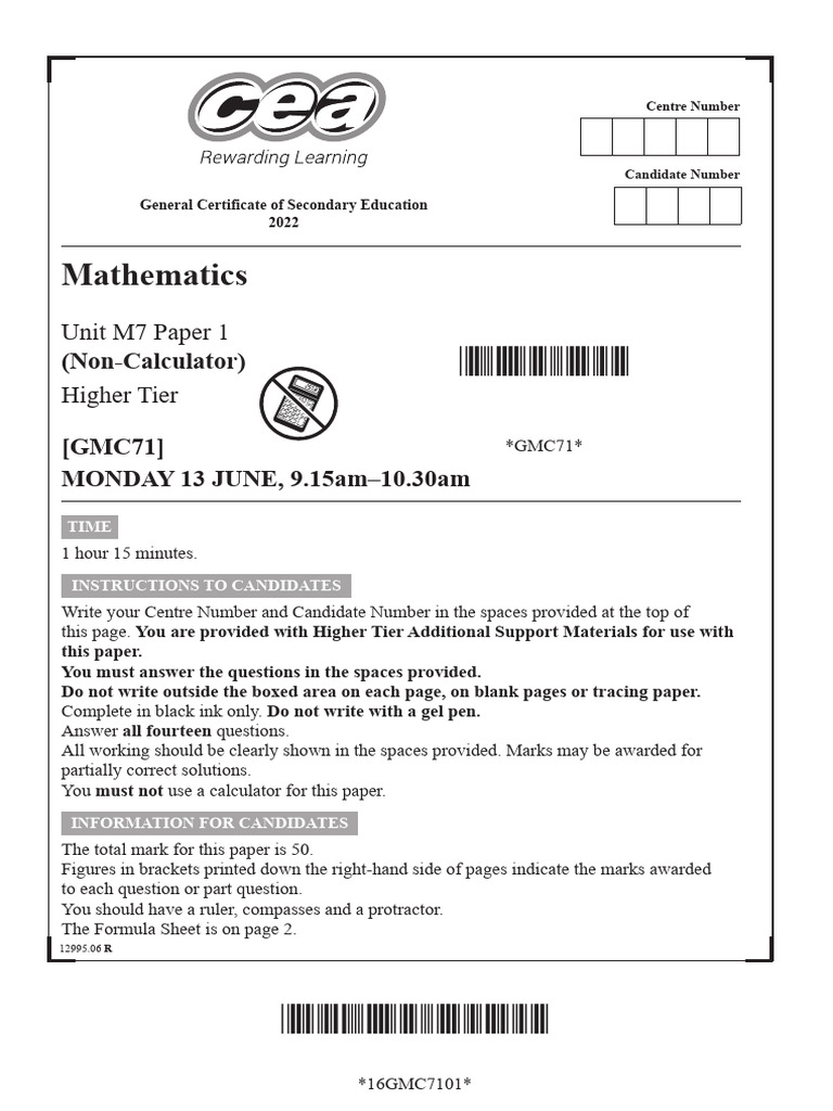 GCSE-Mathematics -504-Summer2022-Higher Tier, M7 Paper 1 (Non ...