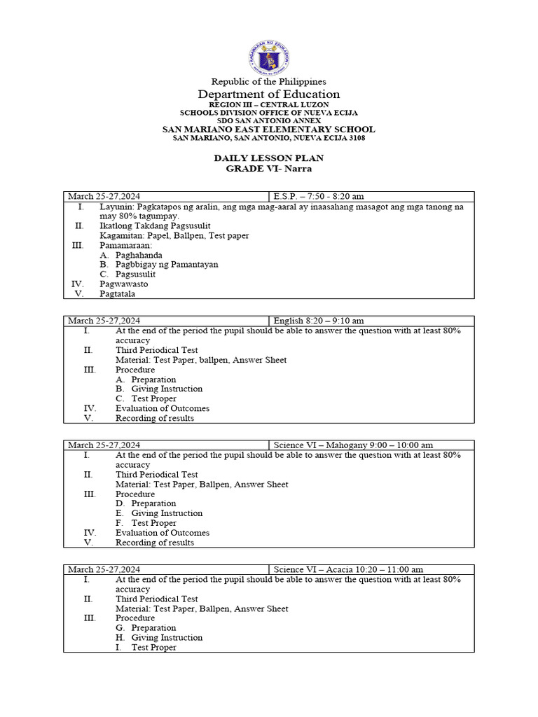 Grade VI Daily Lesson Plan March 2024 | PDF