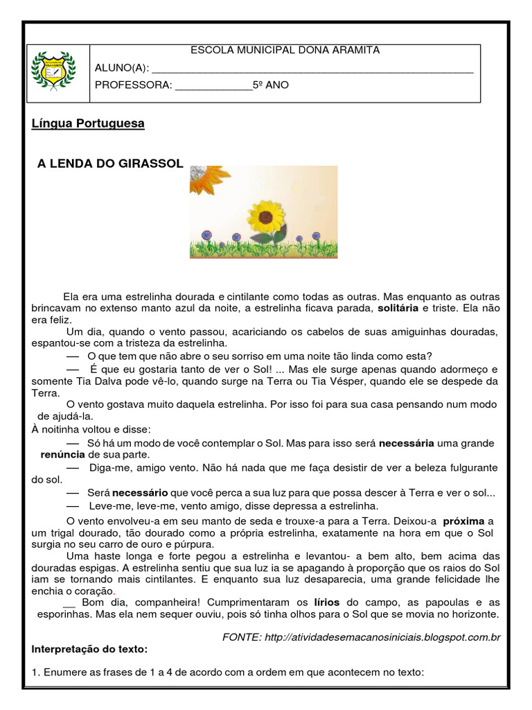 A Lenda Do Girassol 5º Ano | PDF | Caverna | Sol