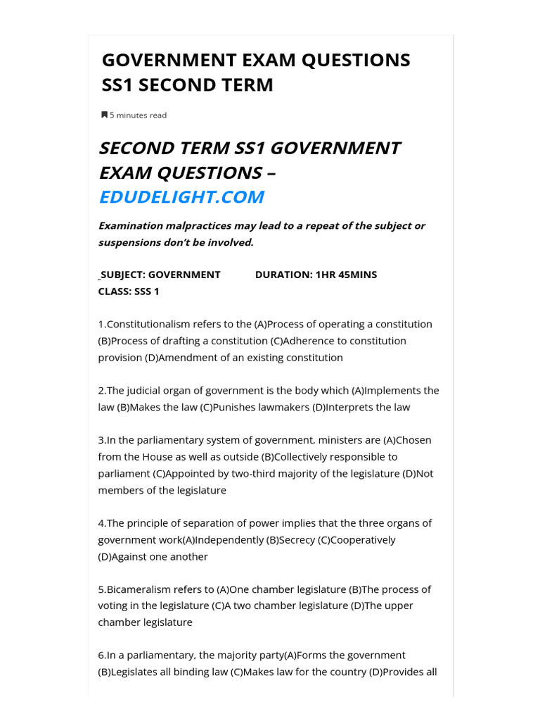 SS1 Second Term Government Exam Questions | PDF | Separation Of Powers ...