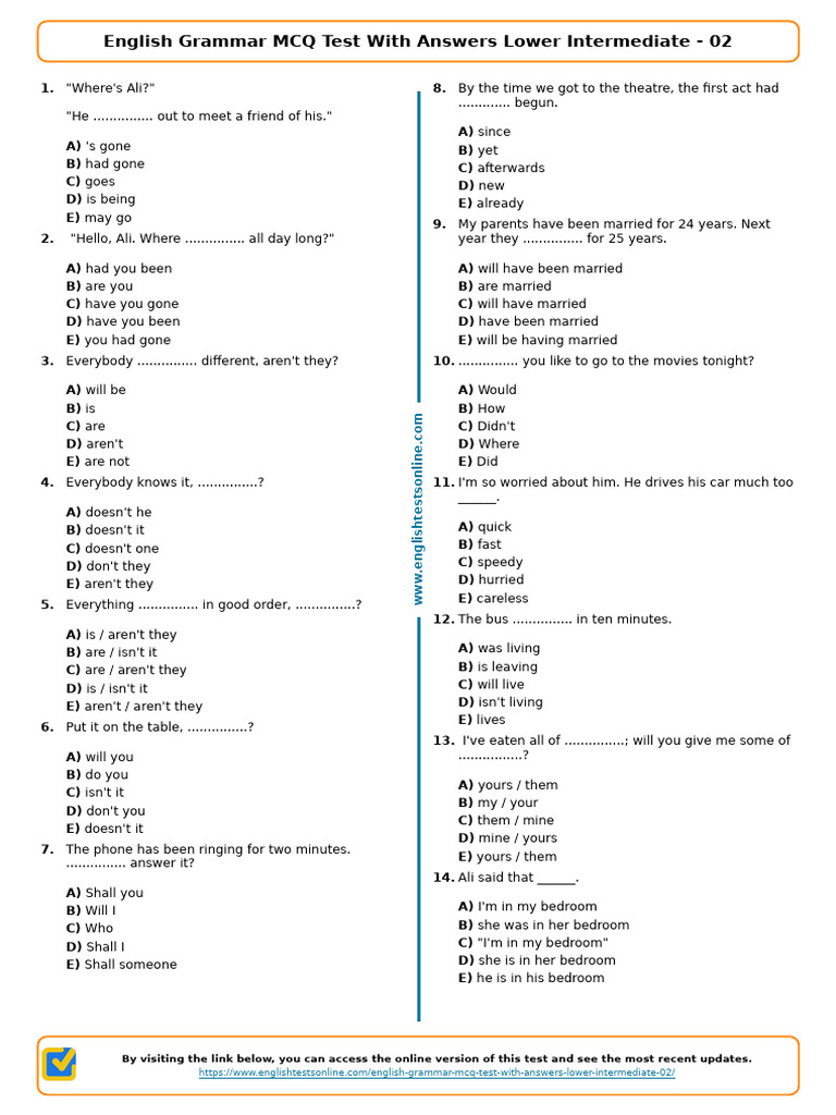 629 - English Grammar MCQ Test With Answers Lower Intermediate 02 | PDF
