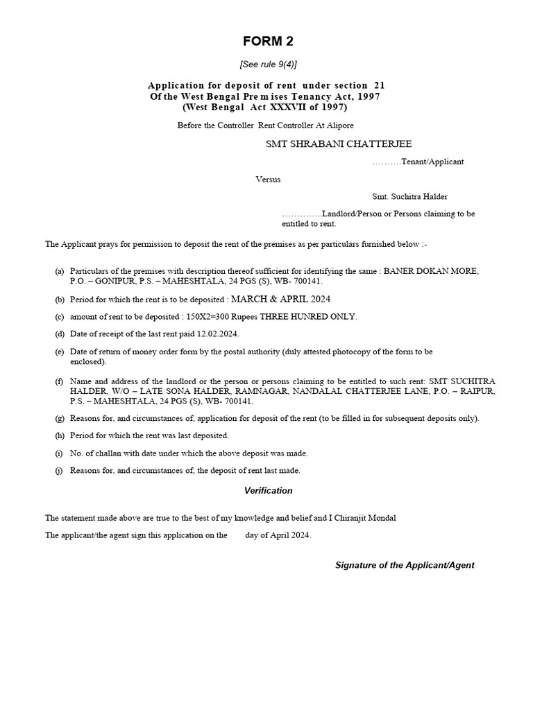 Application For Deposit of Rent | PDF | Leasehold Estate | Urban