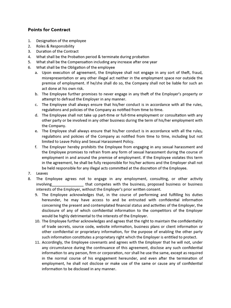 Points For Contract | PDF | Employment | Confidentiality