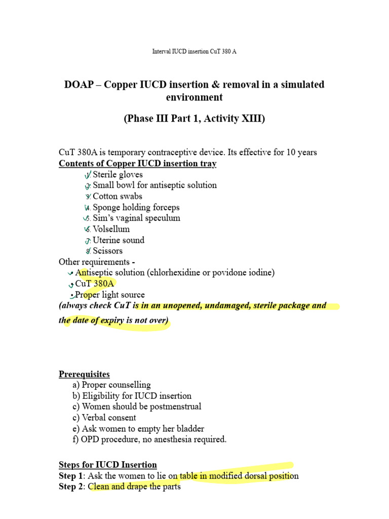 IUCD Insertion Removal DOAP Activity | PDF | Uterus | Human Reproduction