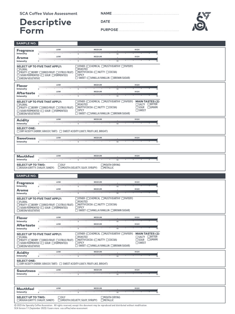 SCA Coffee Value Assessment Form | PDF | Taste | Vanilla