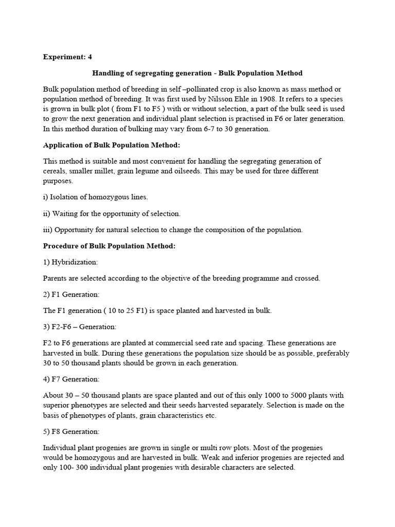 Bulk Population Method in Plant Breeding | PDF | Plant Breeding | Botany