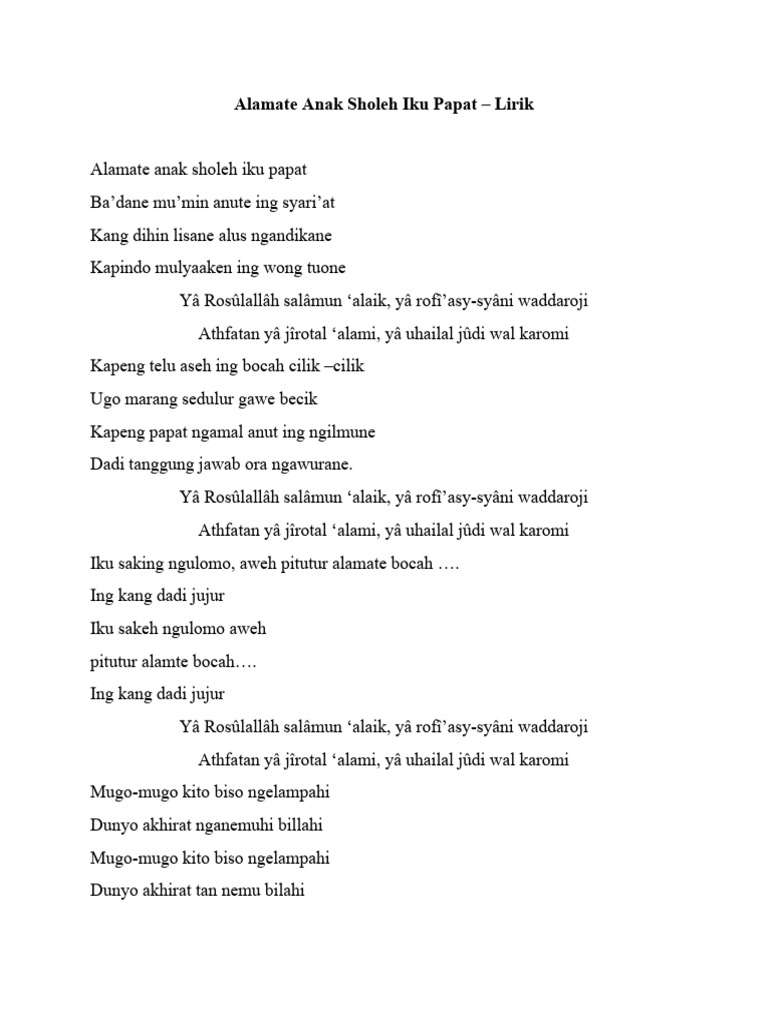 Alamate Anak Sholeh Iku Papat - Lirik | PDF