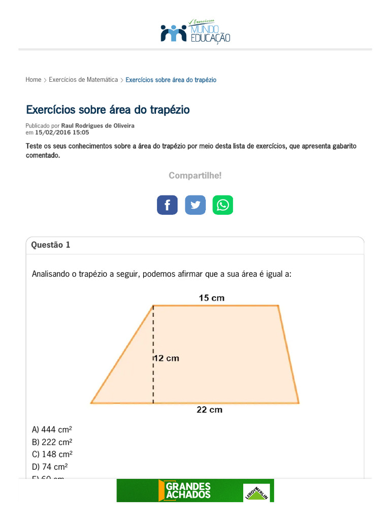 Exercícios sobre Área do Trapézio | PDF | Geometria Euclidiana ...