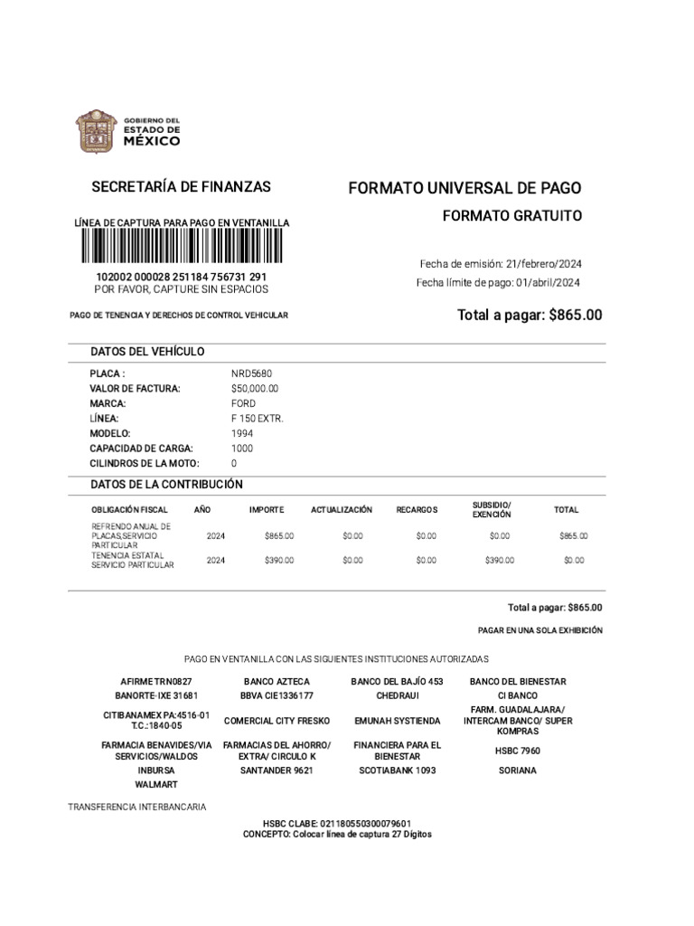 Recibo de Pago de Tenencia - DGR, GEM | PDF | Bancos | Finanzas personales