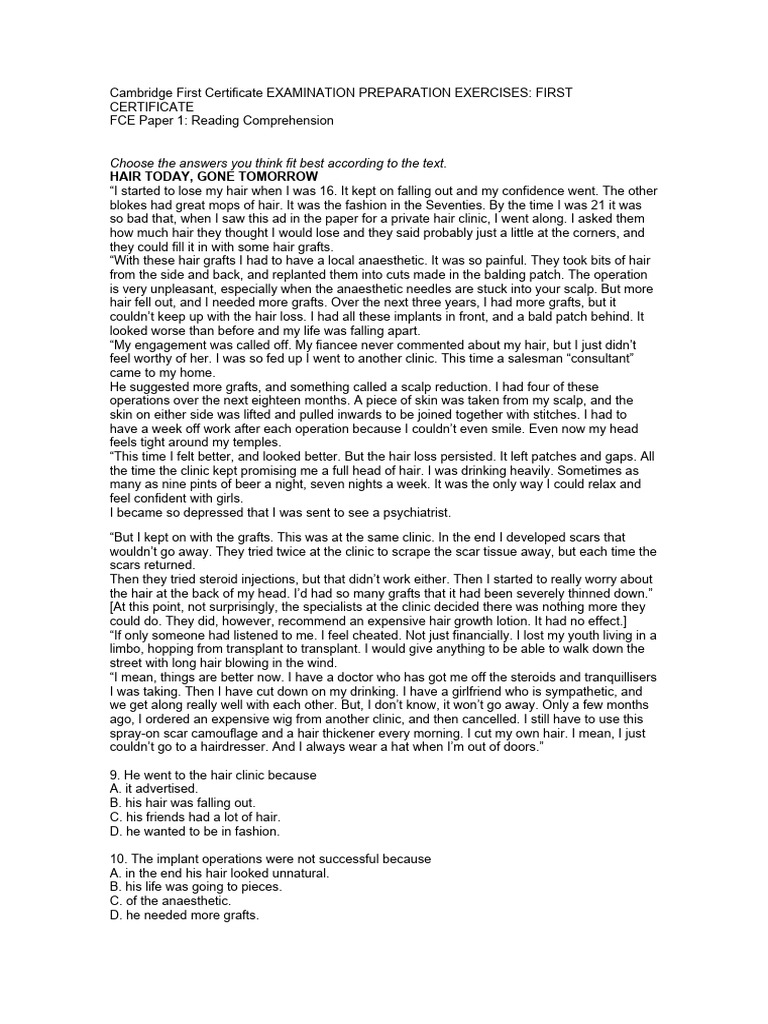 Cambridge first certificate reading comprehension exercises pdf