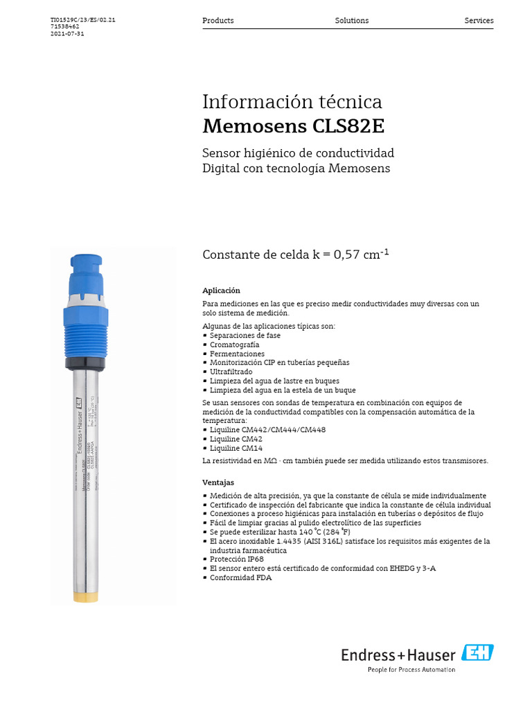 Sensor de Conductividad Memosens CLS82E | PDF | Sensor | Medición