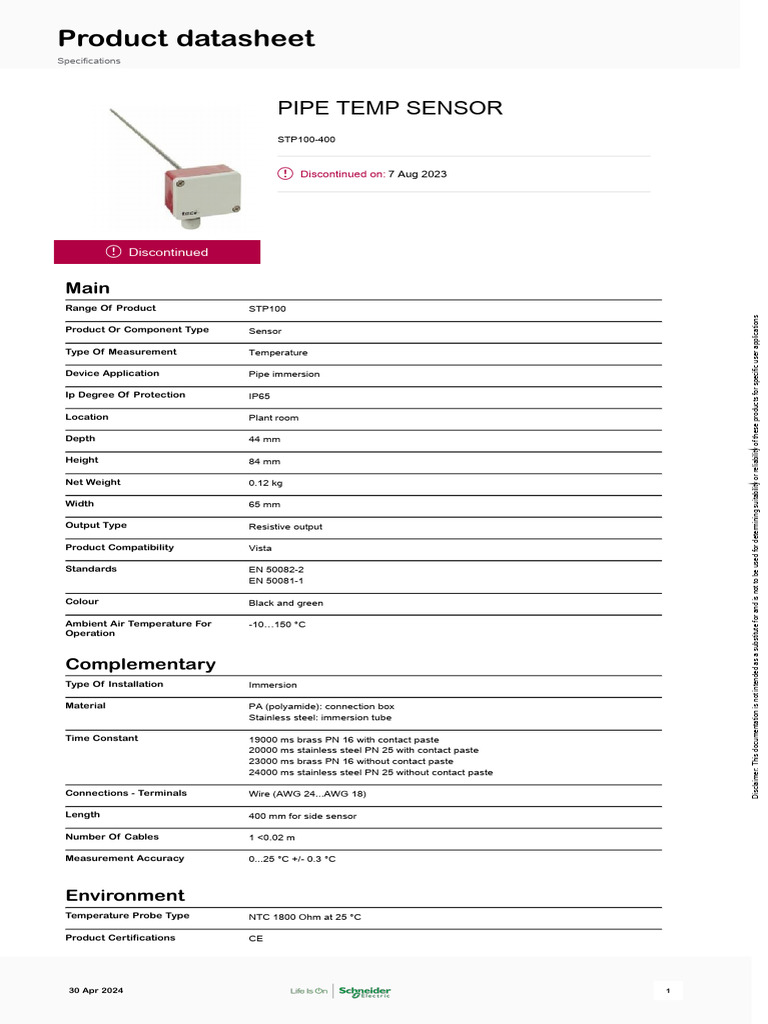 STP100-400 Pipe Temperature Sensor Specs | PDF | Pipe (Fluid Conveyance ...