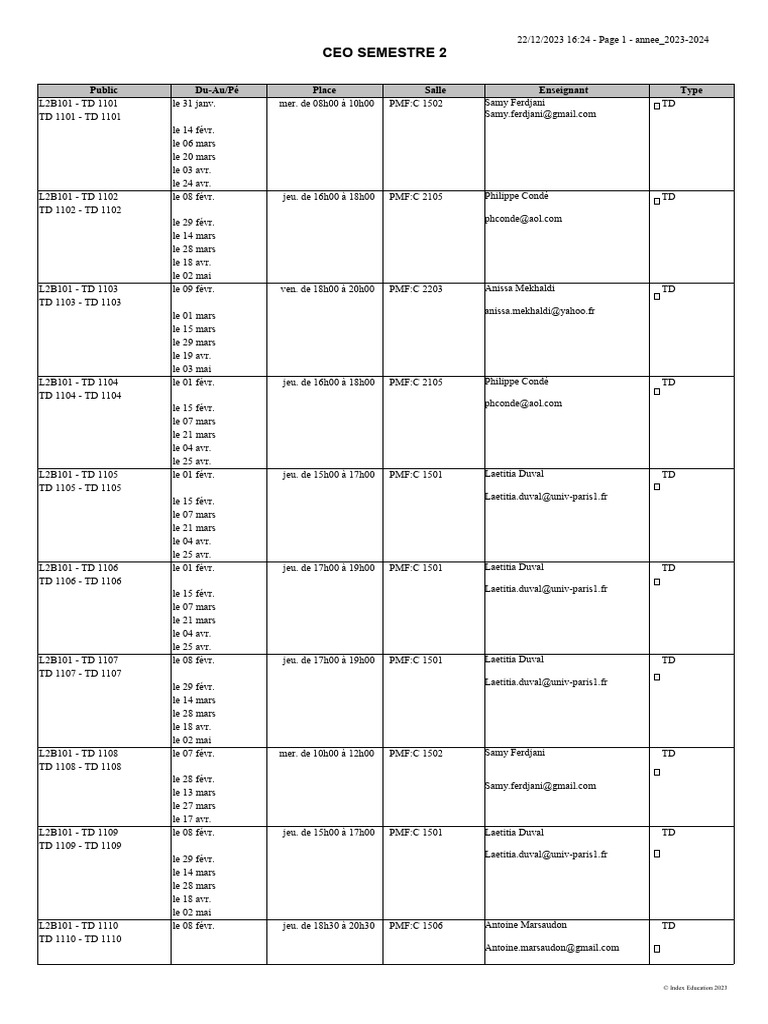 Emploi du temps TD Semestre 2 2023-2024 | PDF