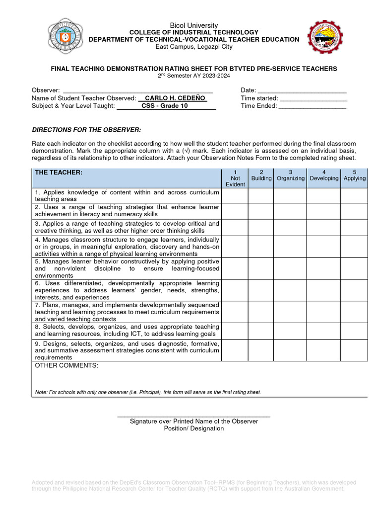 Teaching Internship F05 Final Teaching Demonstration Form Pdf