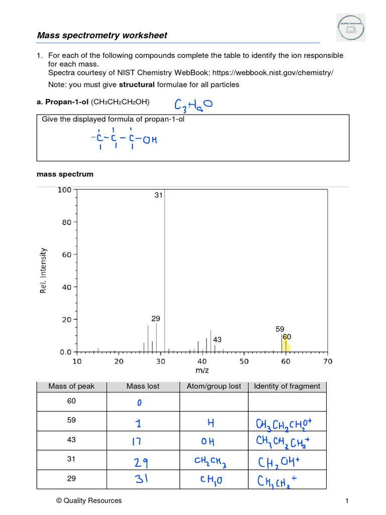 Worksheet Mass Spectrometry PDF Mass Spectrometry Chemical Compounds