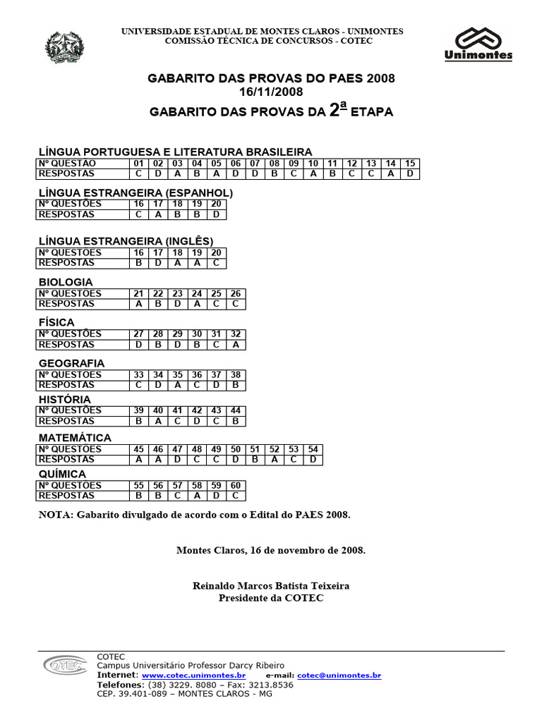 Gabarito PAES 2008 - Unimontes | PDF