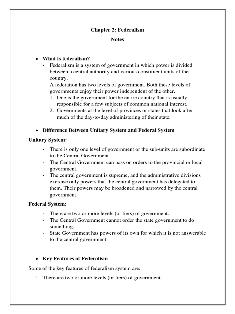 Class 10 Sst Chapter Federalism Notes