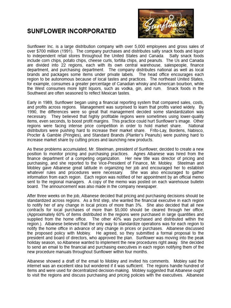 Sunflower Inc Od Group Activities Pdf Marketing Economies