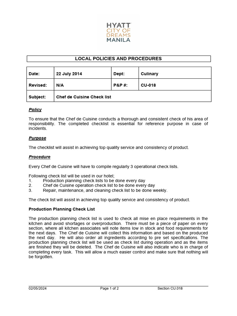 P - P CU-018 Chef de Cuisine Checklist | PDF | Chef