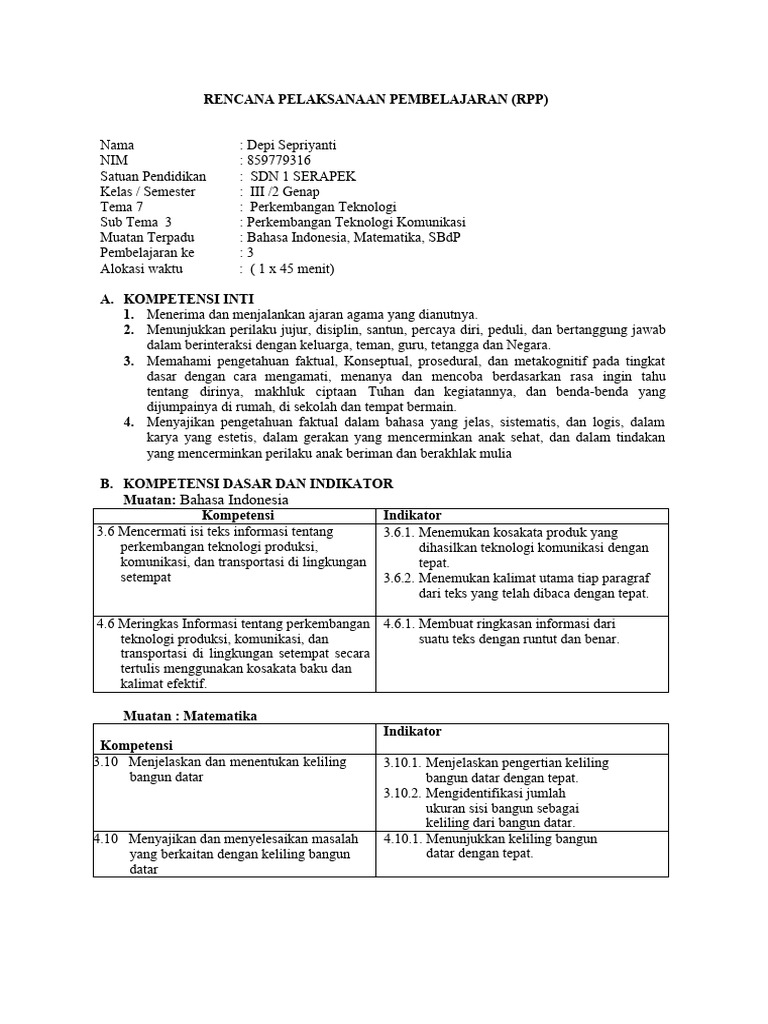 RPP k13 Depi 3 Mata Pelajaran | PDF