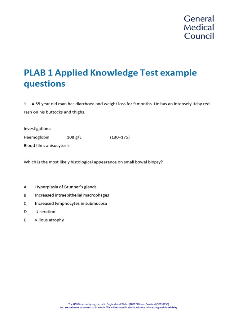 PLAB 1 Sample Medical Questions | PDF | Breathing | Diseases And Disorders
