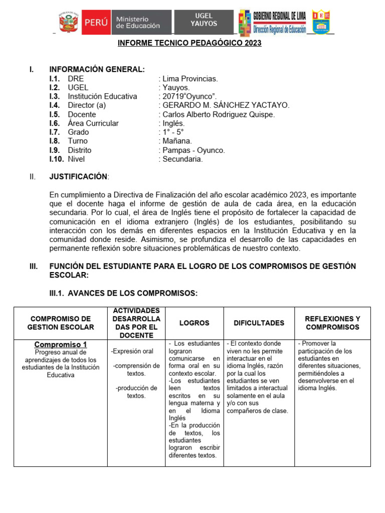 Informe Pedagógico Primaria 2023 | PDF | Maestros | Salón de clases