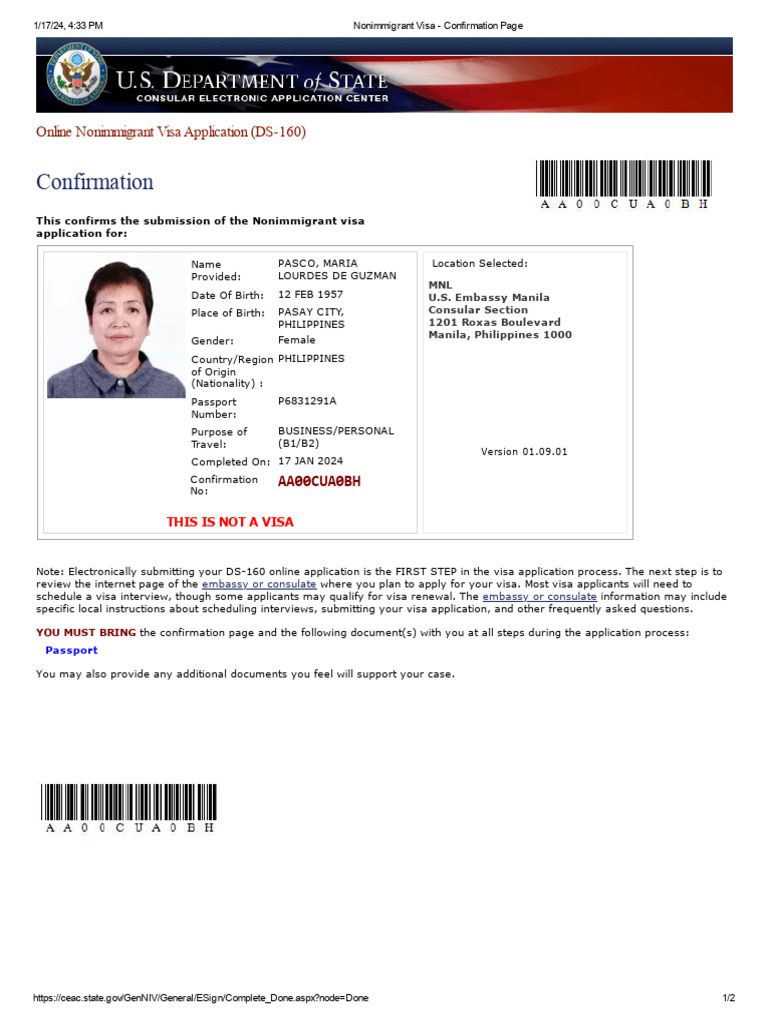 DS-160 Visa Application Confirmation | PDF | Travel Visa | Fingerprint