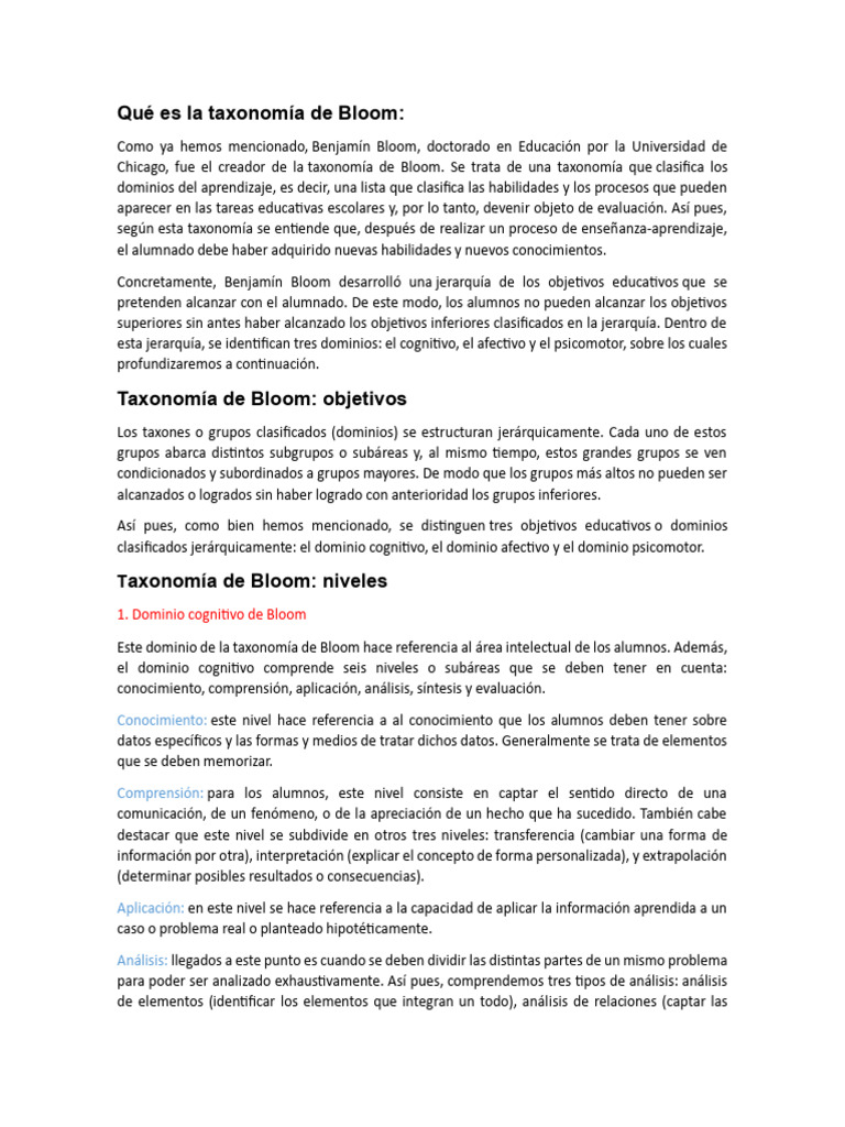 La taxonomía de Bloom y sus dominios | PDF | Psicología cognitiva ...
