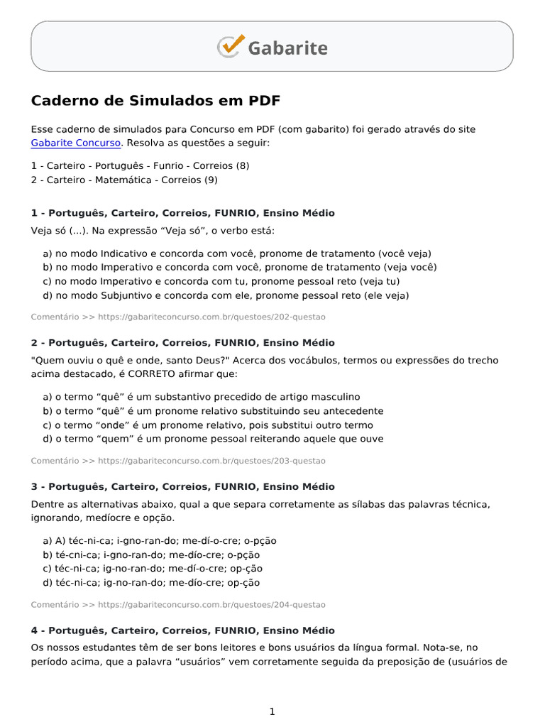 Simulados PDF: Carteiro Correios FUNRIO | PDF | Pronome | Estresse ...