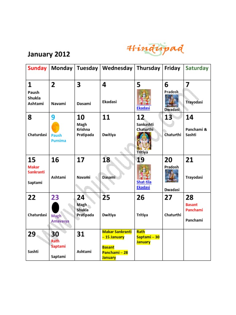Hindu Calendar 2012 With Tithi North Indian Calendar | PDF | Asian Ethnic  Religion | Hindu Worship