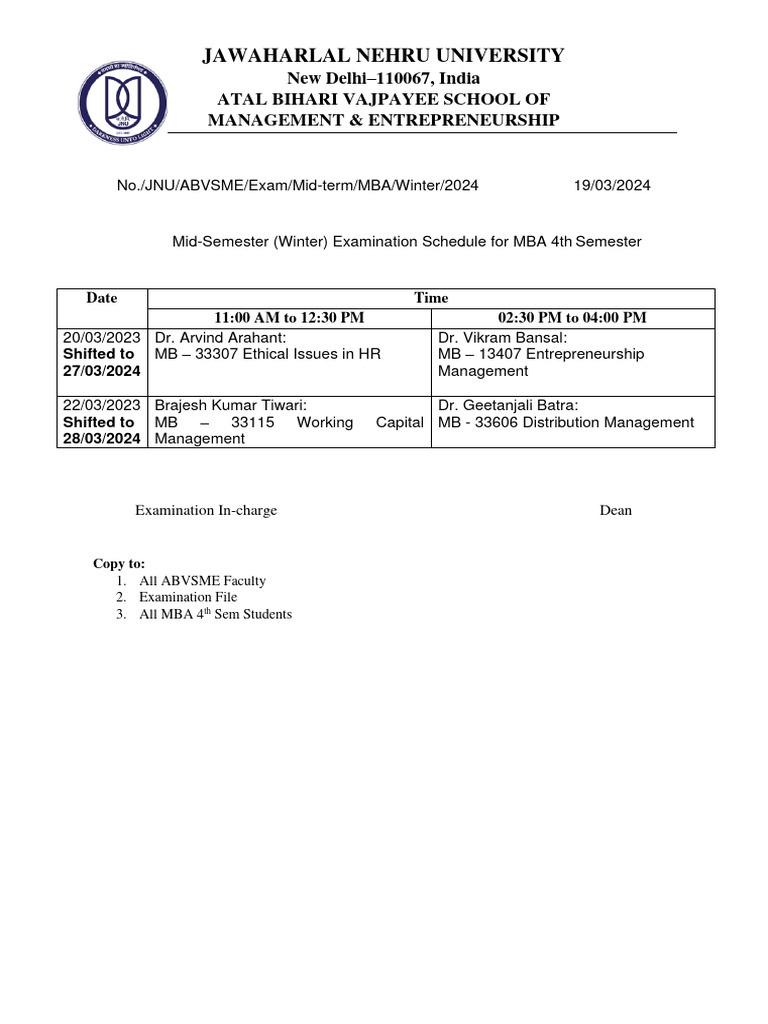 ABVSME JNU Mid Term 23 Examination NEW Time Table | PDF