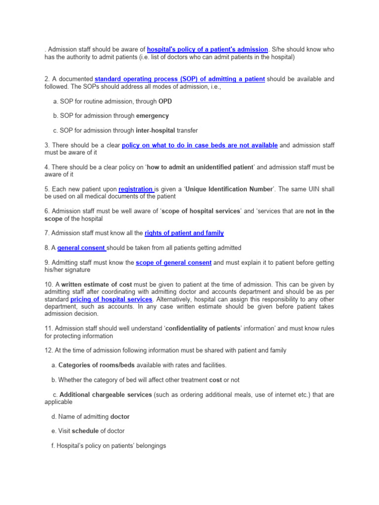 Hospital Admission Policy and SOPs | PDF | Patient | Hospital