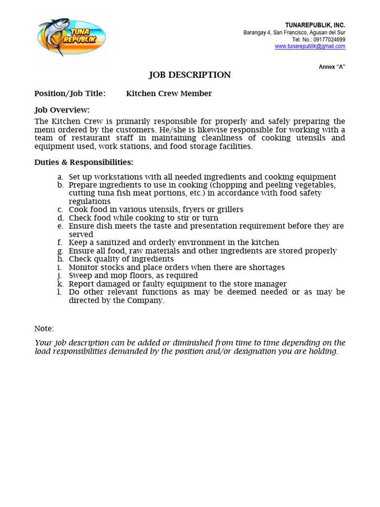 JOB DESCRIPTION Kitchen Crew | PDF