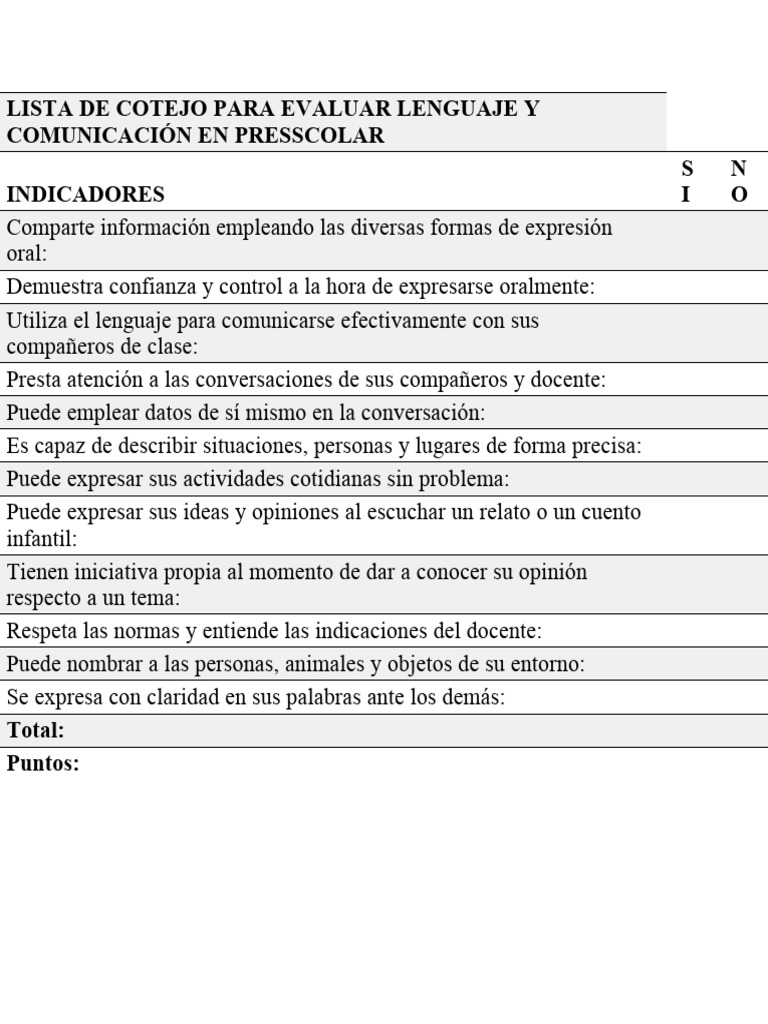 Lista de Cotejo para Evaluar Lenguaje y Comunicación en Presscolar ...