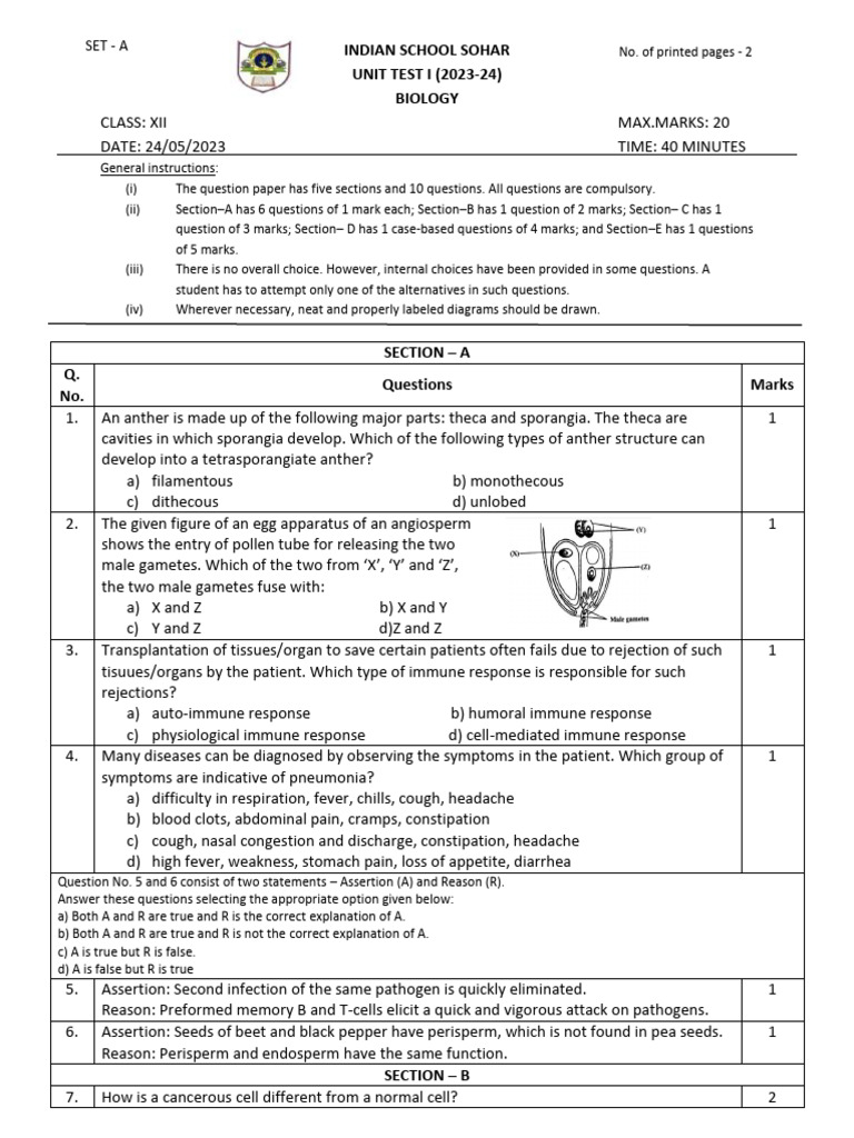 Class Xii Ut I Biology (Set 1 & 2) 2023-24 | PDF | Flowers | Malaria