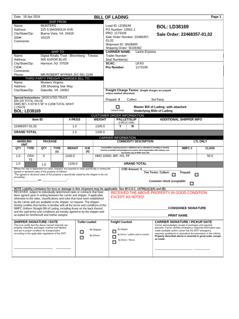 Bill of Lading for Munters Shipment | PDF | Cargo | Transport