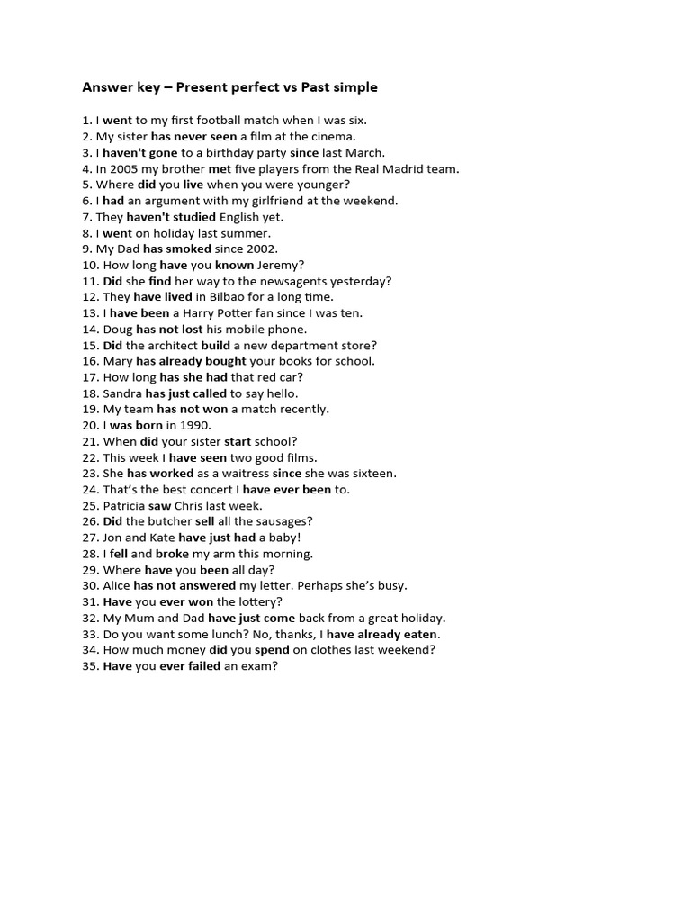 Present Perfect vs Past Simple Quiz Key | PDF